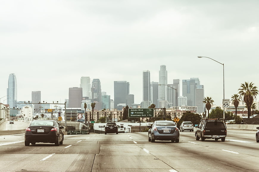 Los Angeles Skyline View from Highway Freeway Traffic