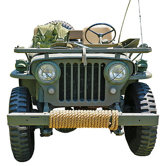 Front view of vintage military jeep isolated on white background