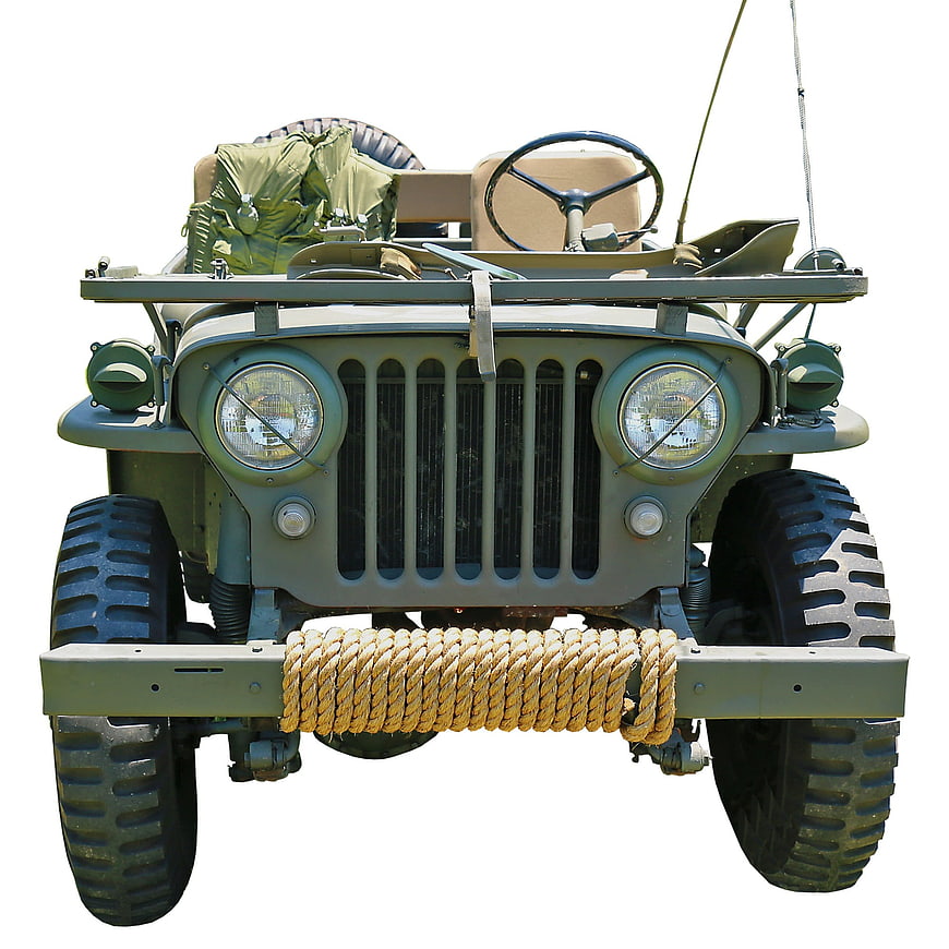 Front view of vintage military jeep isolated on white background