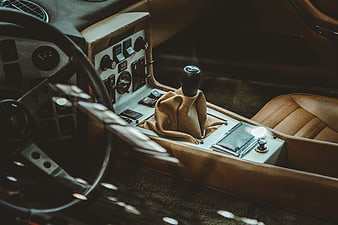 Vintage Porsche Interior with Manual Gear Shift and Tan Leather
