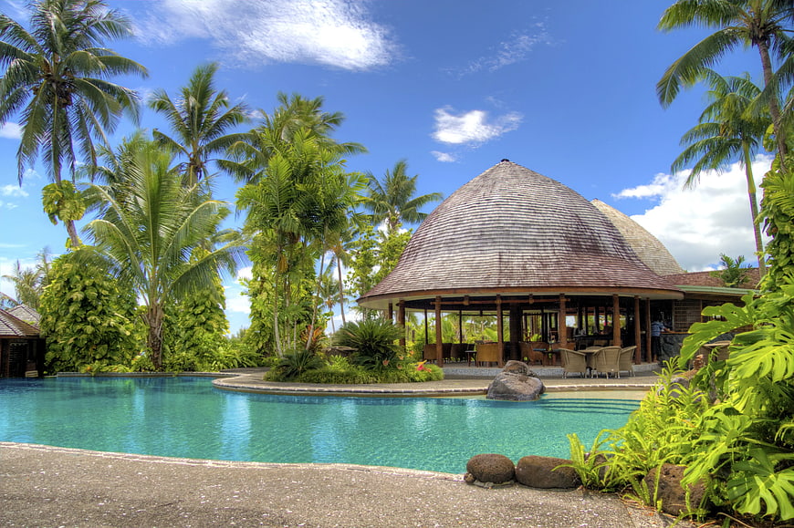 Tropical Resort Pool with Thatched Dome Pavilion and Palm Trees