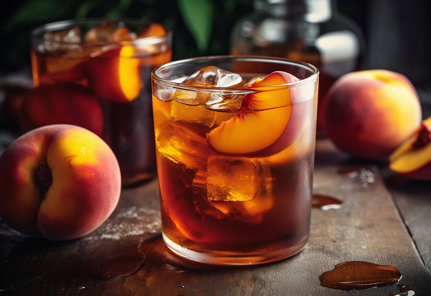 Refreshing Peach Iced Tea with Ice Cubes on Wooden Table
