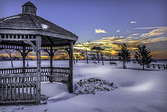 Snowy Gazebo in Winter Park at Sunset
