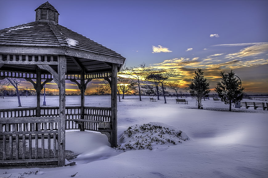 Snowy Gazebo in Winter Park at Sunset