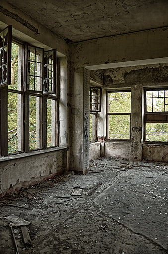 Abandoned Villa Interior With Peeling Walls And Broken Windows