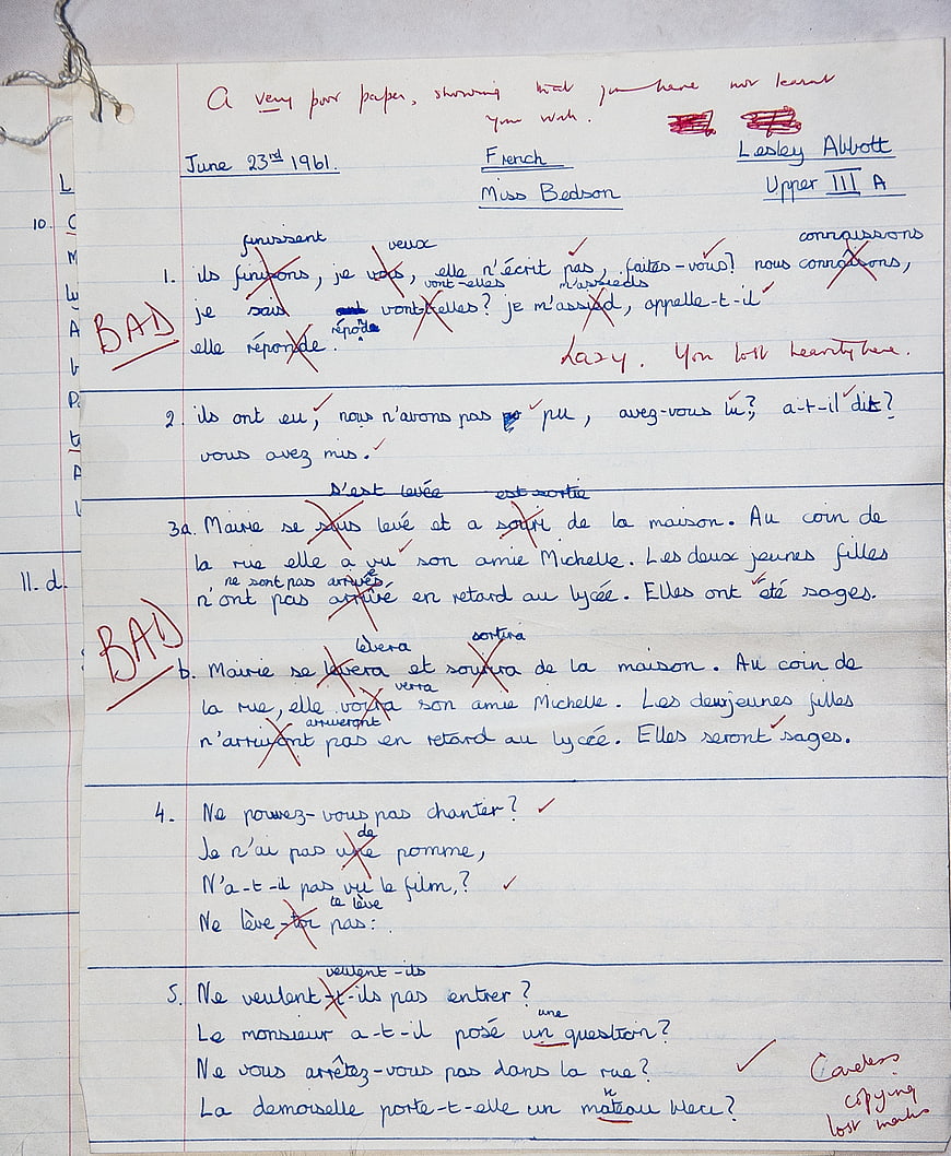 Vintage 1961 French Exam Paper with Teacher Corrections