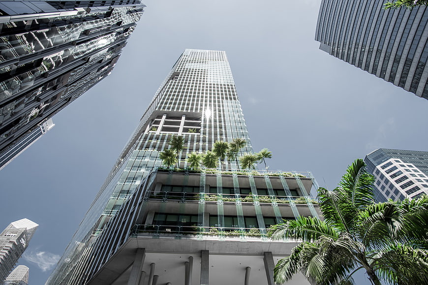 Low angle view of modern skyscraper with sky garden