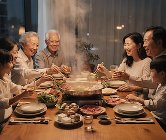 Multi-generational Asian Family Enjoying Hot Pot Dinner