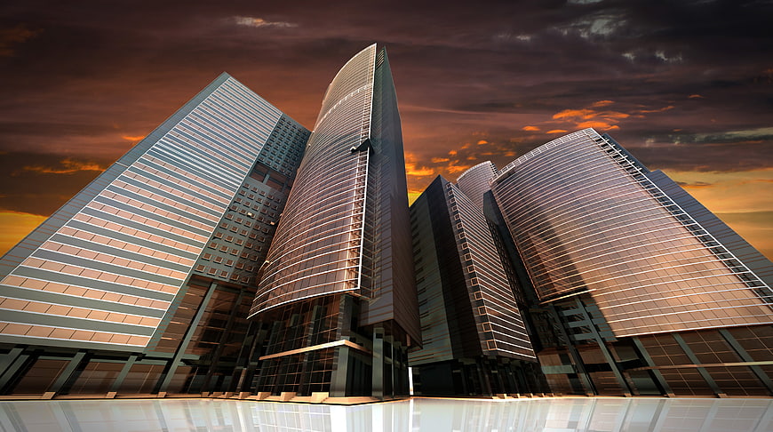 Modern Skyscrapers at Sunset with Dramatic Sky
