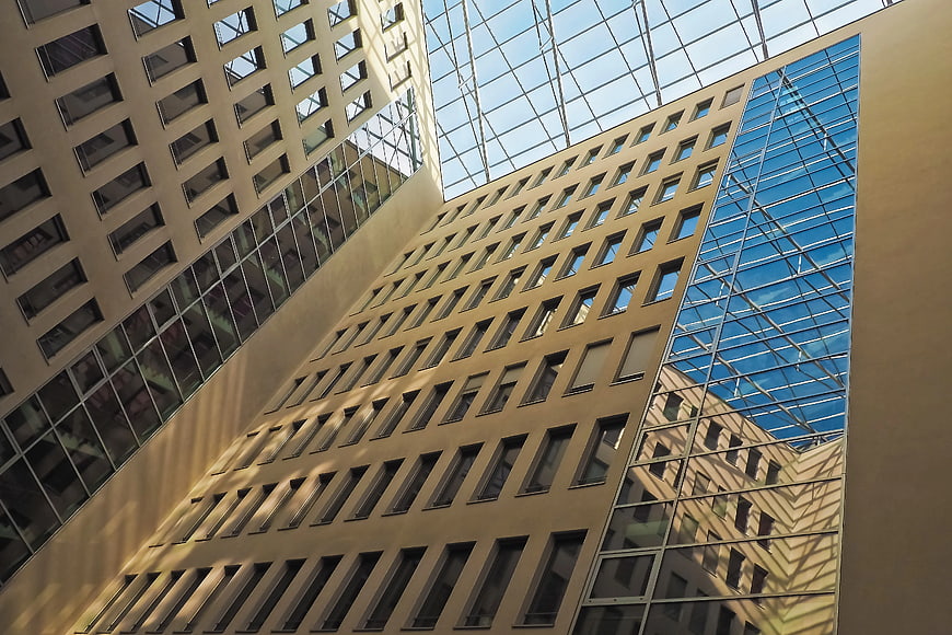 Low Angle View of Modern Office Buildings with Glass Facades