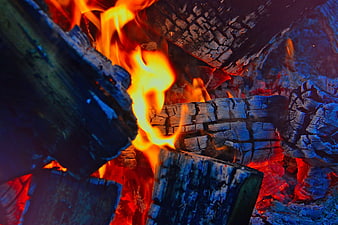Close-up of burning wood logs with bright orange flames and glowing embers