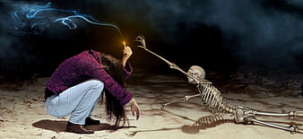 Surreal Woman Crouching Offering Match to Skeleton in Dark Landscape