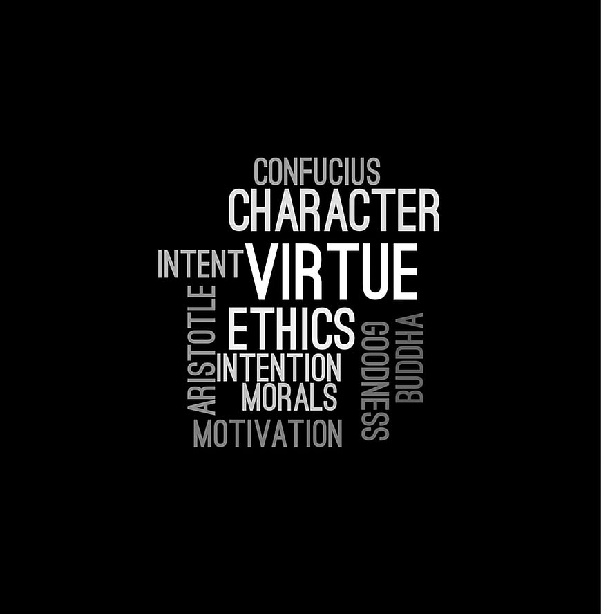 Virtue Ethics Word Cloud on Black Background