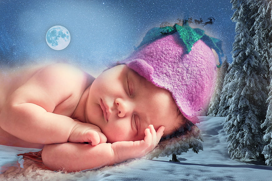 Sleeping Baby Wearing Pink Hat In Winter Christmas Dream Landscape