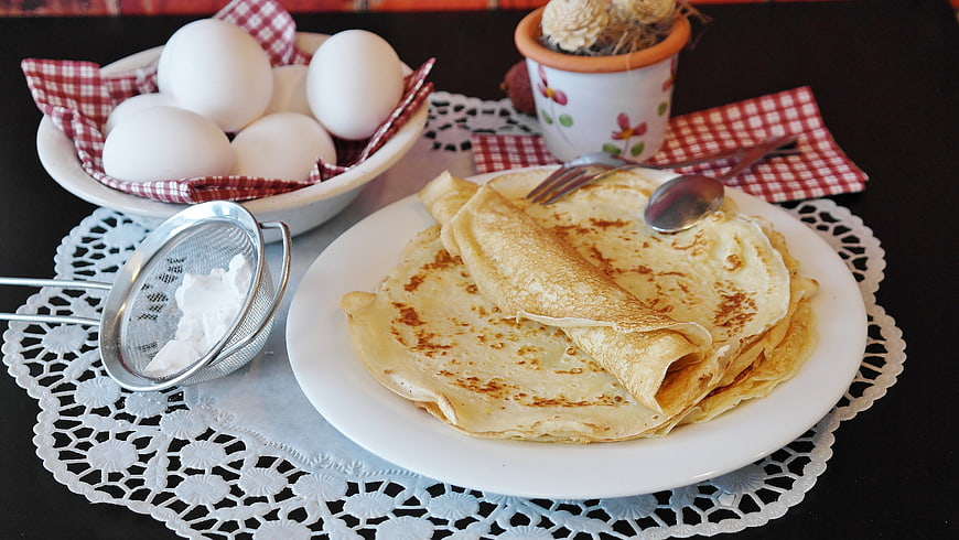 Rustic Breakfast Spread With Eggs And Pancakes