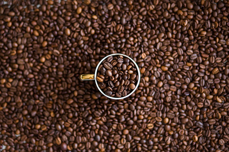 Top View of Coffee Beans in White Cup on Bed of Beans