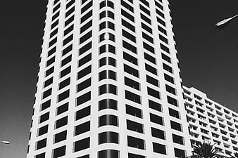 Black and white low angle view of modern high-rise architecture
