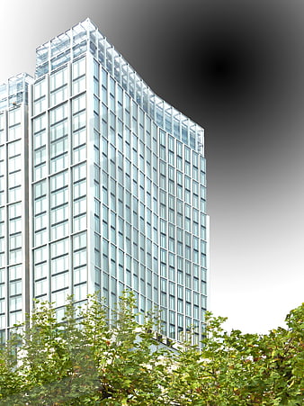 Modern Glass Skyscraper with Green Trees in Foreground