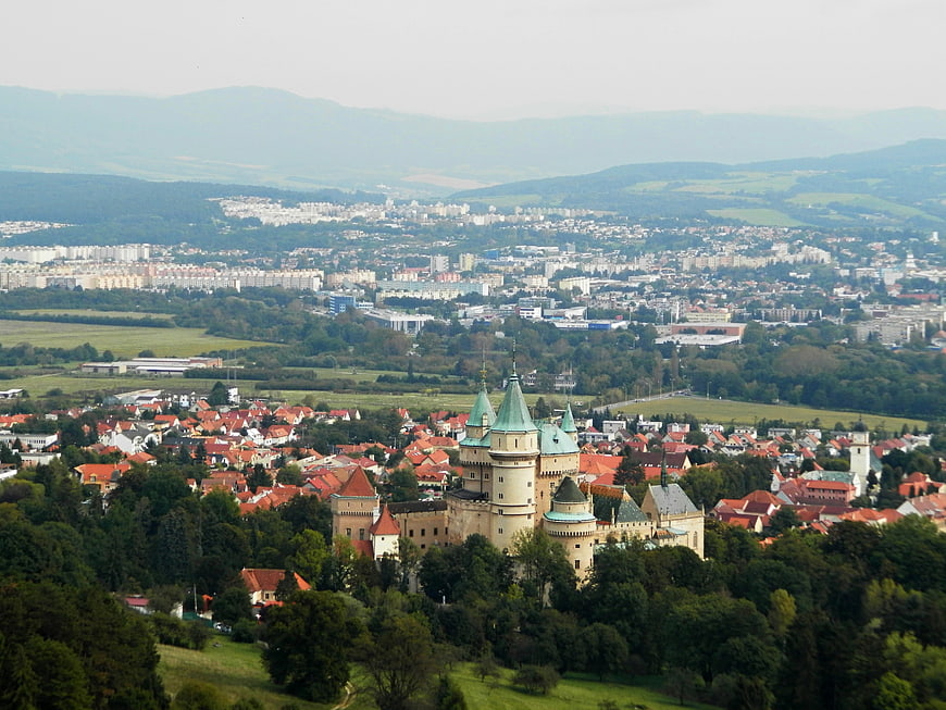 Bojnice Castle aerial view with town and mountains