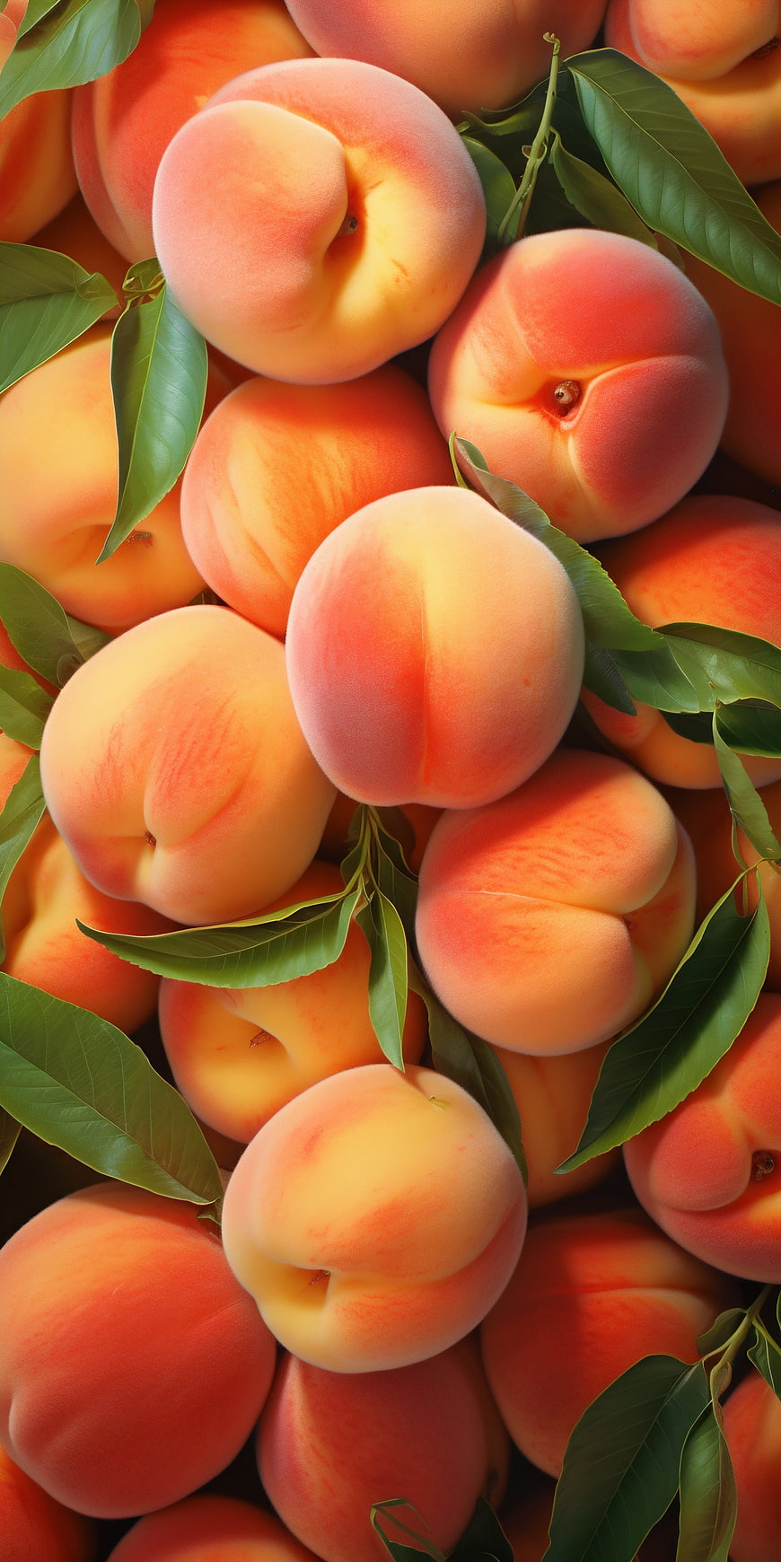 Fresh Ripe Peaches with Green Leaves Close Up