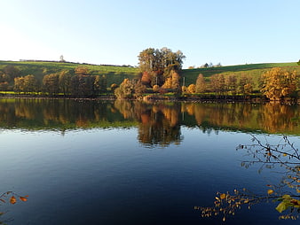 Serene Autumn Lake Landscape with Vibrant Tree Reflections