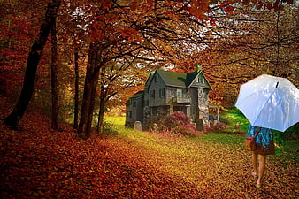 Woman with Umbrella Walking Past Old House in Autumn Forest