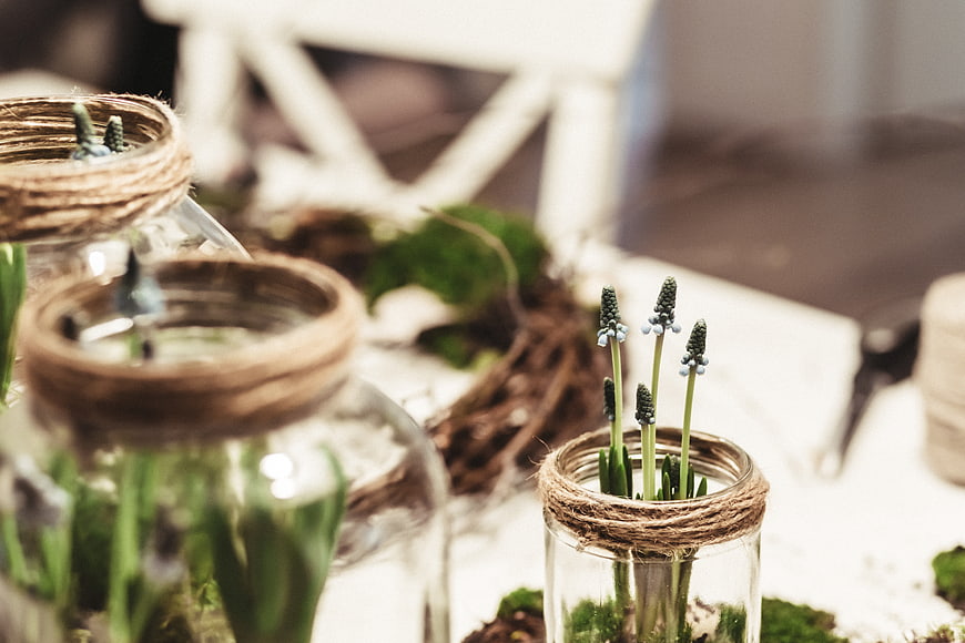 Muscari flowers in glass jars with twine decoration