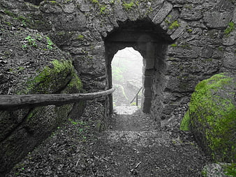 Mossy Stone Archway in Ancient Castle Ruins