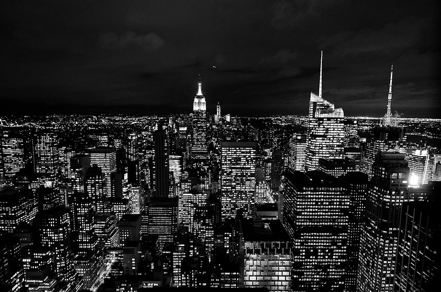Black and White New York City Skyline at Night