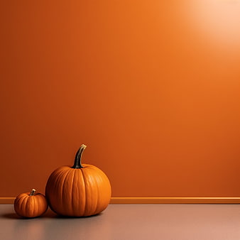 Two pumpkins on orange background with copyspace