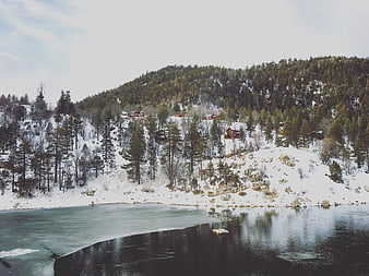 Snowy Mountain Lake with Pine Trees and Cabins