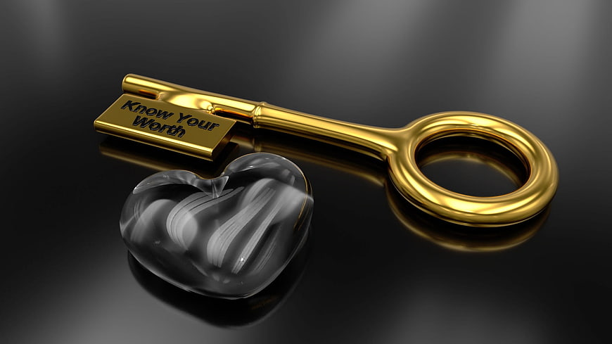 Golden Key with 'Know Your Worth' and Glass Heart