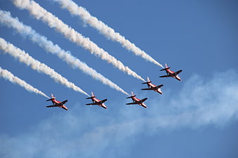 Red jet aircraft formation flying with smoke trails in blue sky