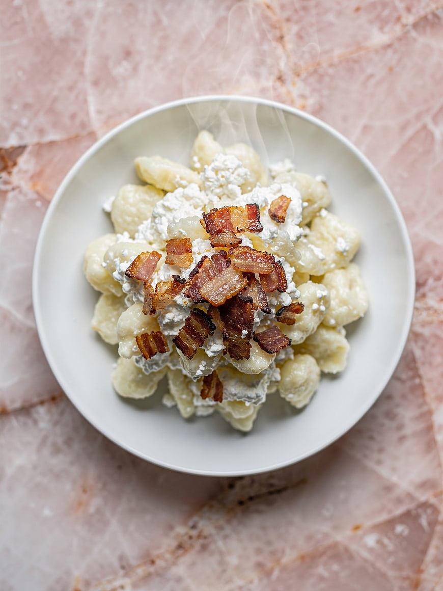 Overhead shot of creamy gnocchi with bacon and ricotta on pink marble