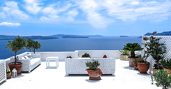 White Santorini Terrace with Sea View and Outdoor Furniture