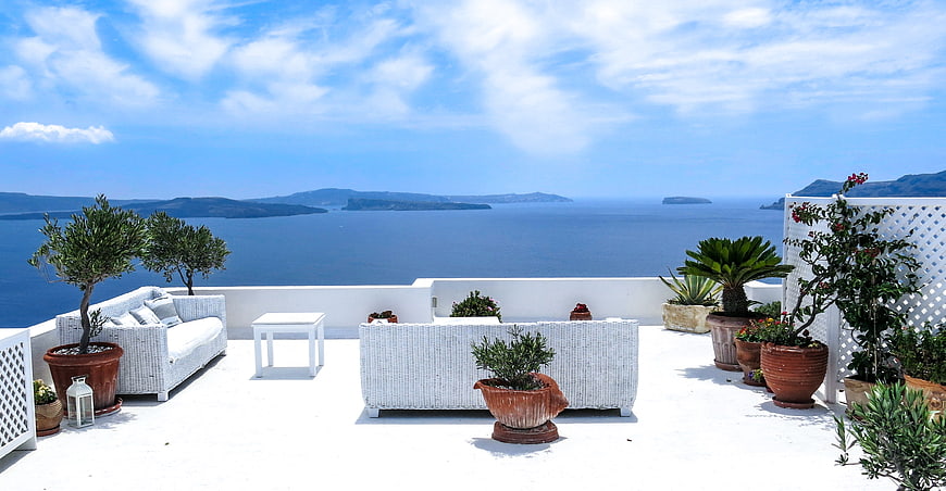 White Santorini Terrace with Sea View and Outdoor Furniture