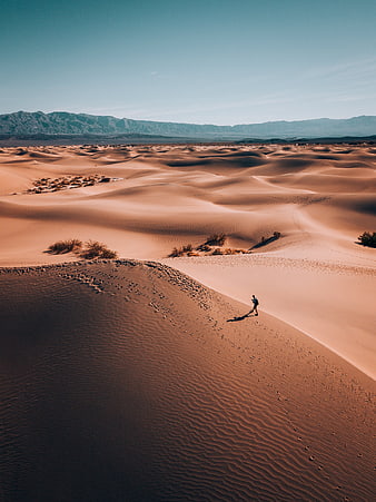Hiker Walking on Sand Dunes in Desert Landscape
