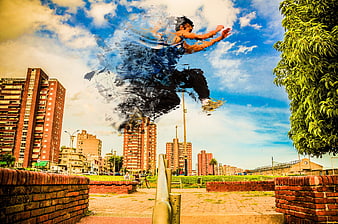 Urban Parkour Jump With Digital Disintegration Effect