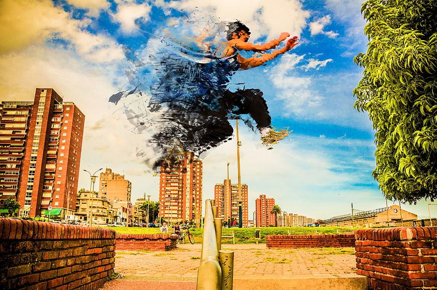 Urban Parkour Jump With Digital Disintegration Effect