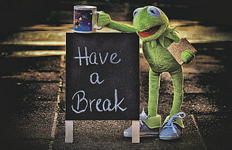 Kermit the Frog Plush Holding Coffee Mug and Chalkboard Sign
