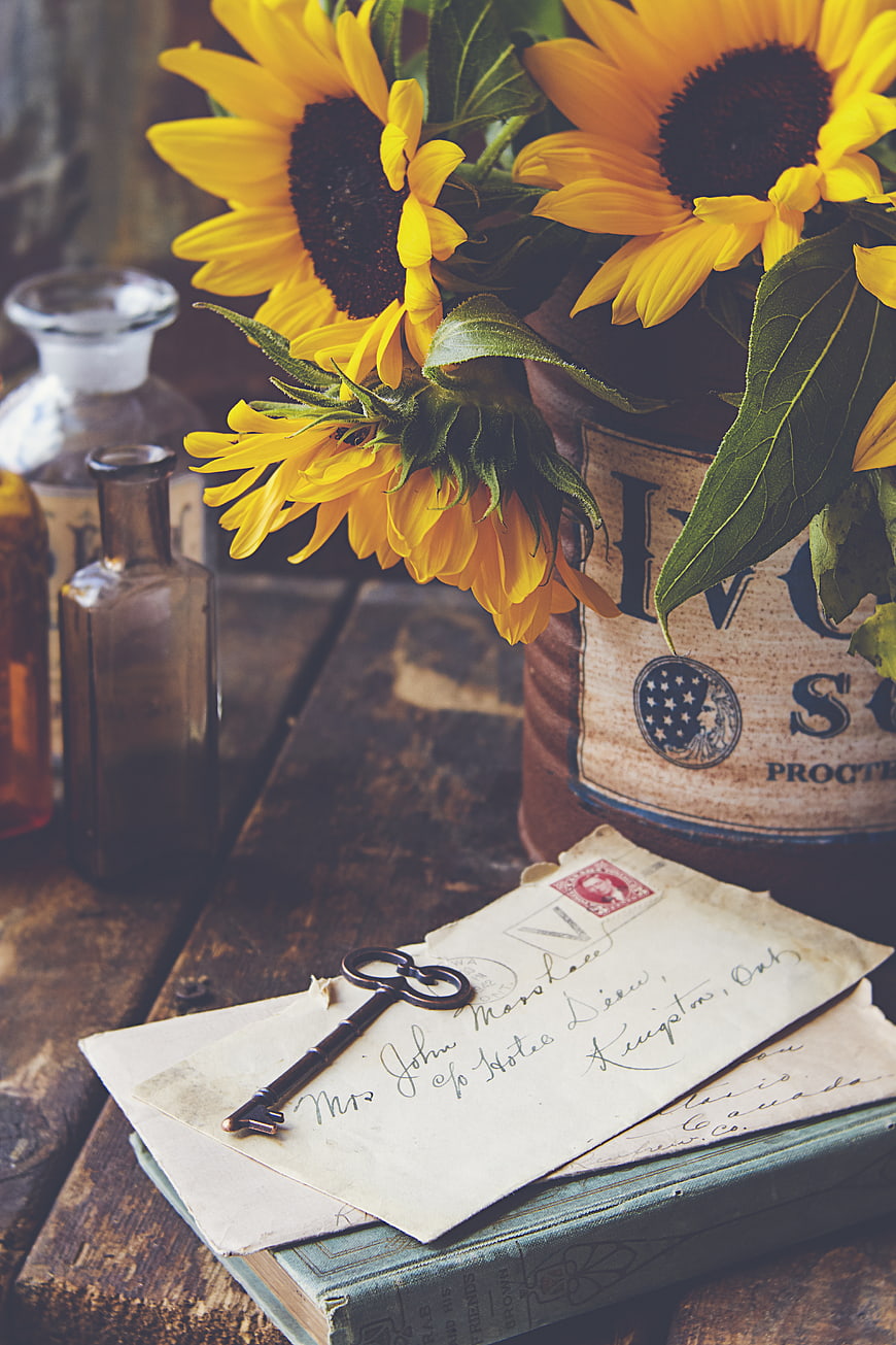 Rustic Sunflowers in Vintage Tin with Antique Key and Letters