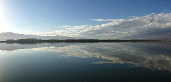 Panoramic Lake Landscape with Cloud Reflections and Mountains
