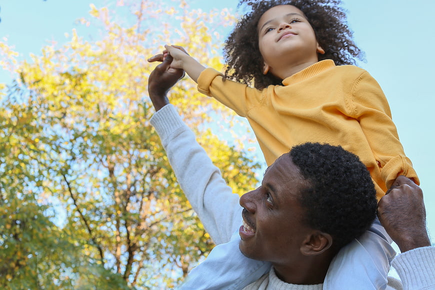 Happy Father Carrying Daughter on Shoulders Outdoors