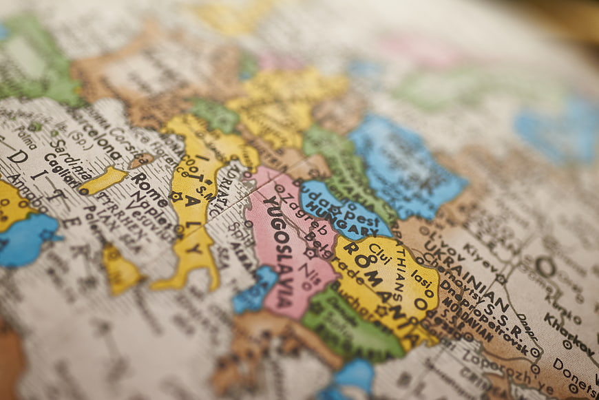 Close-up of vintage map showing Yugoslavia and Eastern Europe
