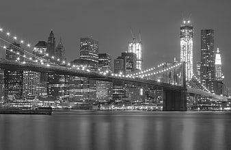 Black and White Brooklyn Bridge and Manhattan Skyline at Night