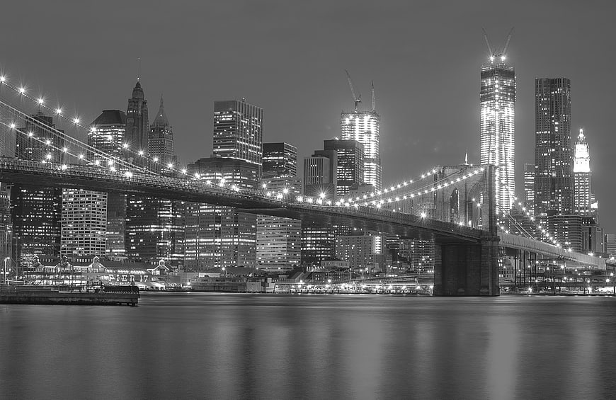 Black and White Brooklyn Bridge and Manhattan Skyline at Night