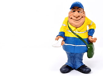 German Postman Figurine in Yellow and Blue Uniform on White Background