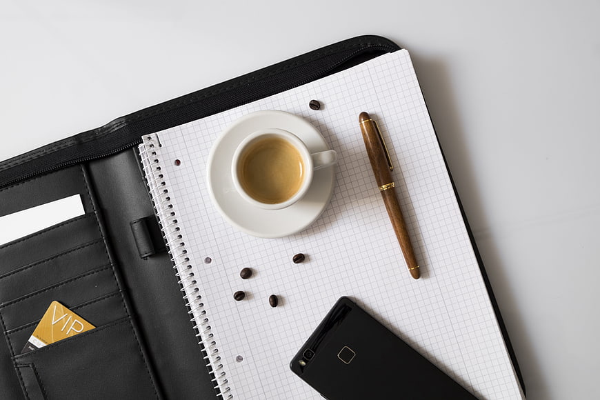 Business Workspace Flat Lay With Espresso, Pen, And Notebook