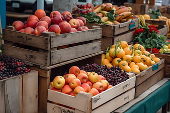 Fresh seasonal fruits in wooden crates at a farmer's market