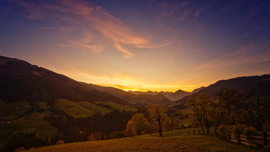 Alpine Mountain Valley Sunset Landscape in Tyrol Austria